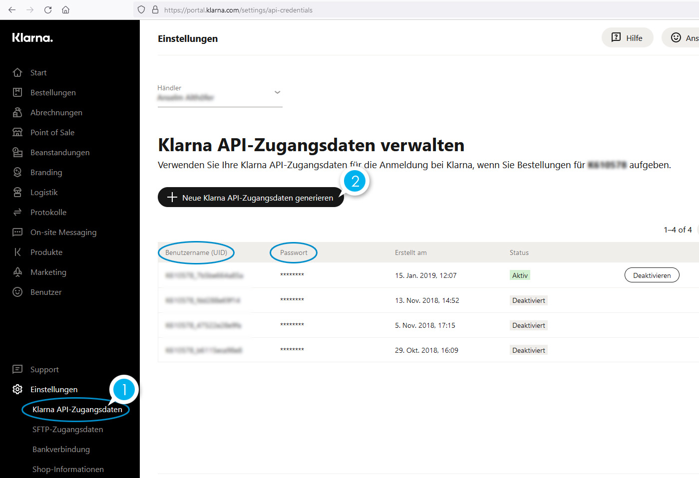 Klarna API Zugangsdaten