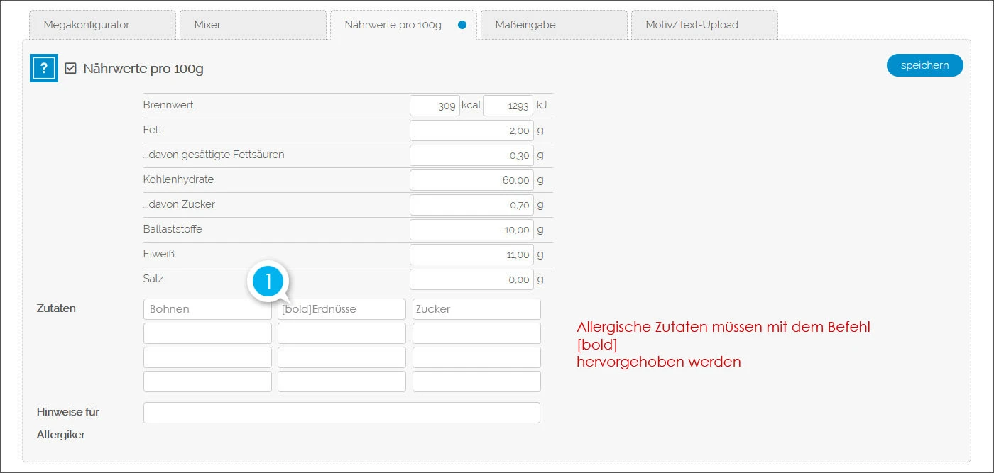 Allergische Zutaten müssen mit dem Befehl [bold] hervorgehoben werden