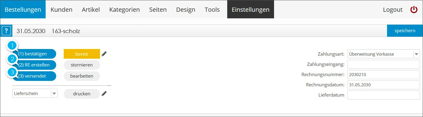 Workflow: bestätigen, Rechnung erstellen, versendet